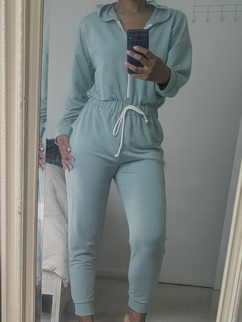 Green Long Sleeve Hooded Sweat Jumpsuit
